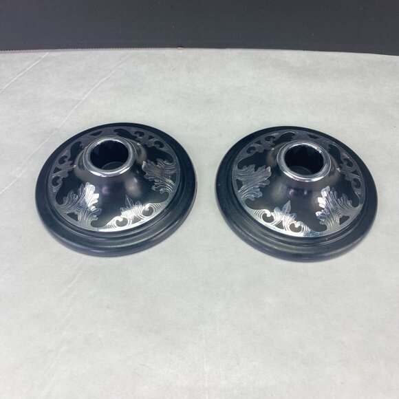 Vintage Harvite Style Plastic Black Silver Tone Inlayed Design Candle Holders - Picture 1 of 9
